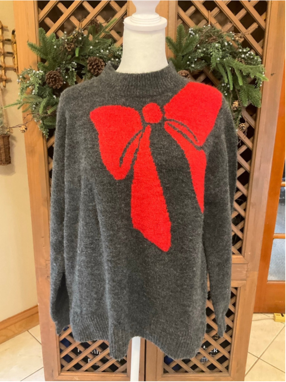 LOFT Bow Holiday Graphic Crewneck Pullover Sweater Preppy Small